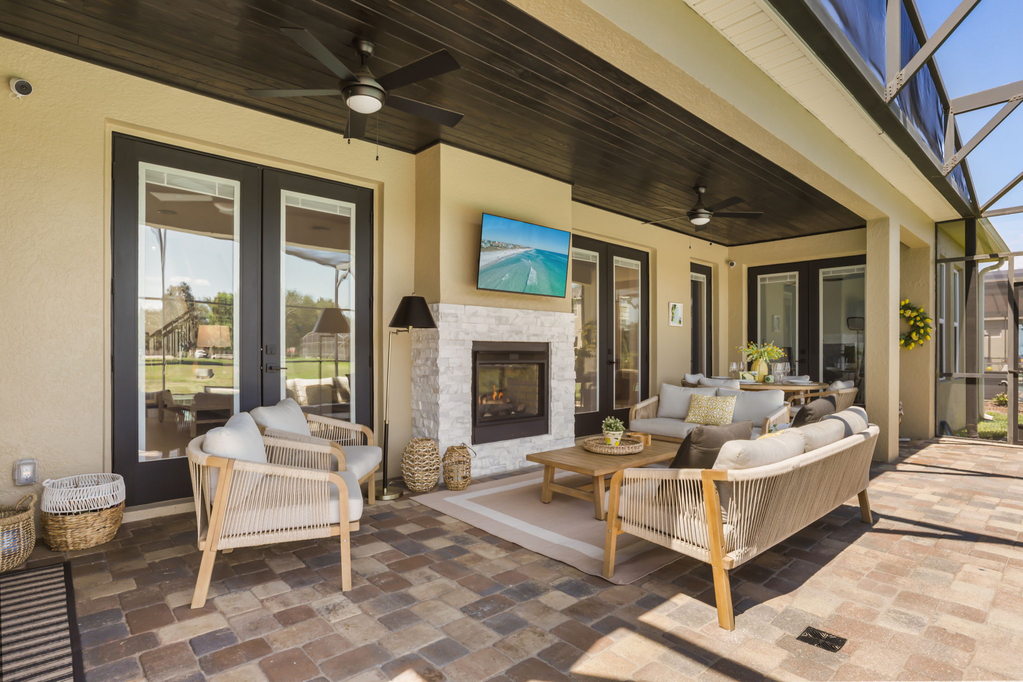 Covered lanai with outdoor fireplace
